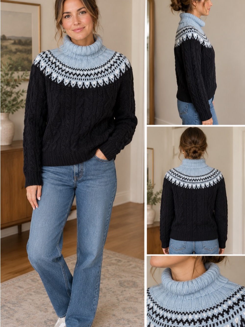 Women's Navy Blue Cable Knit Sweater with Light Blue Fair Isle Yoke